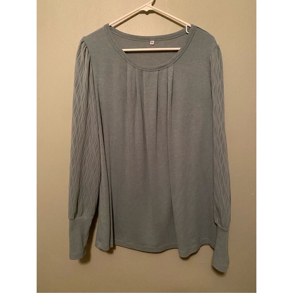 Boutique Blue Green Pleated Detail Long Sleeve Top Size 2X